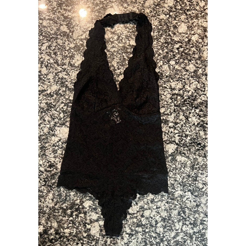 Marciano Black Lace Halter Bodysuit XS Floral Scalloped V-Neck Thong (0906) - Picture 2 of 10